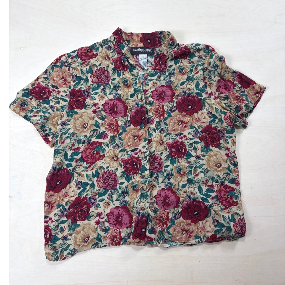 Sag Harbor Petite Vintage Floral Rayon Button Up Blouse Short Sleeve Burgundy M